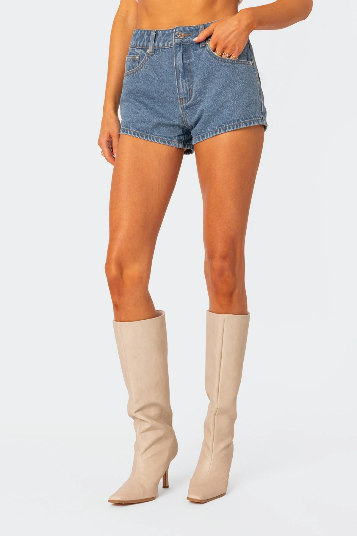 Bow Pocket Washed Denim Shorts - Image 2