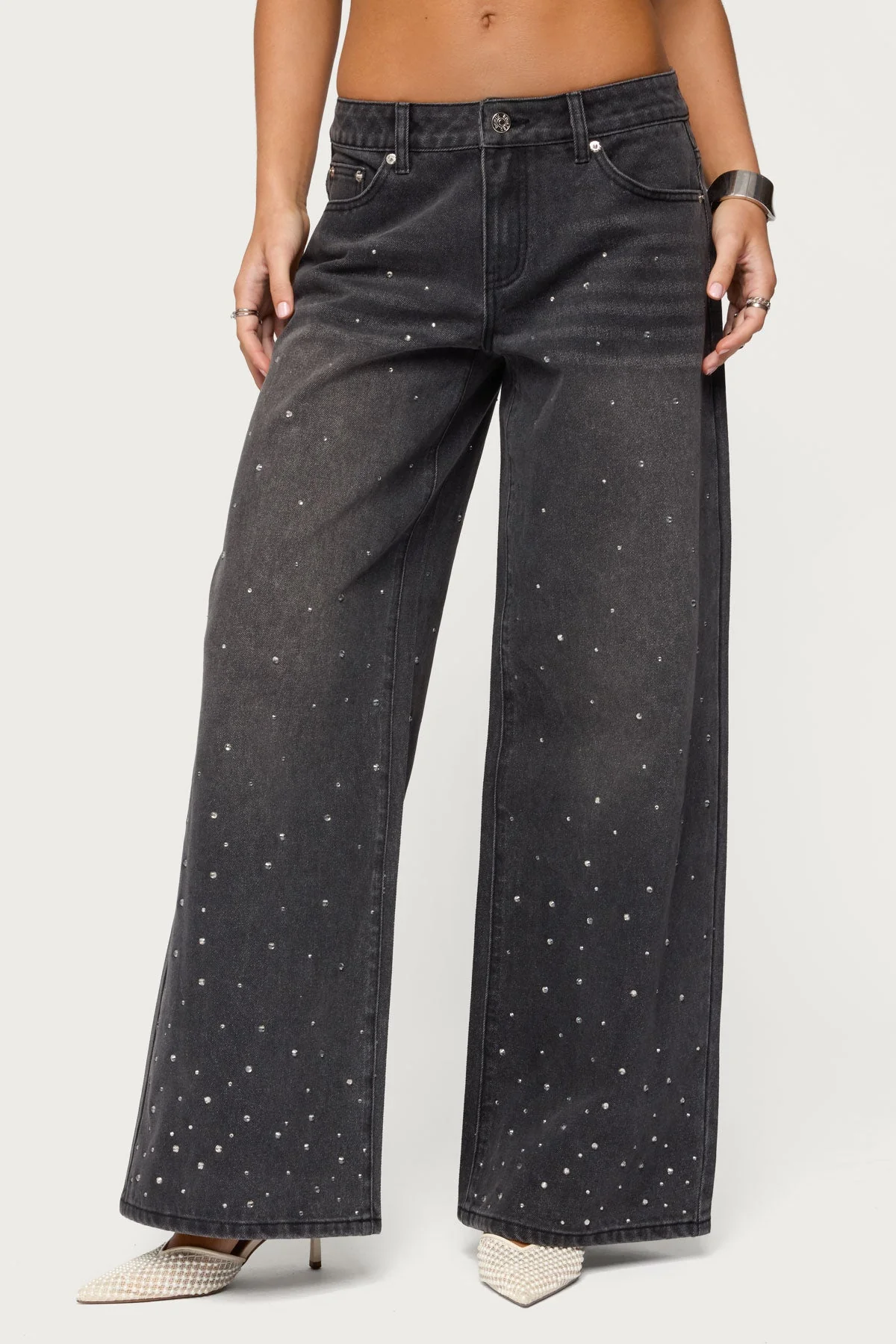 Rhinestone Washed Low Rise Baggy Jeans - Image 2