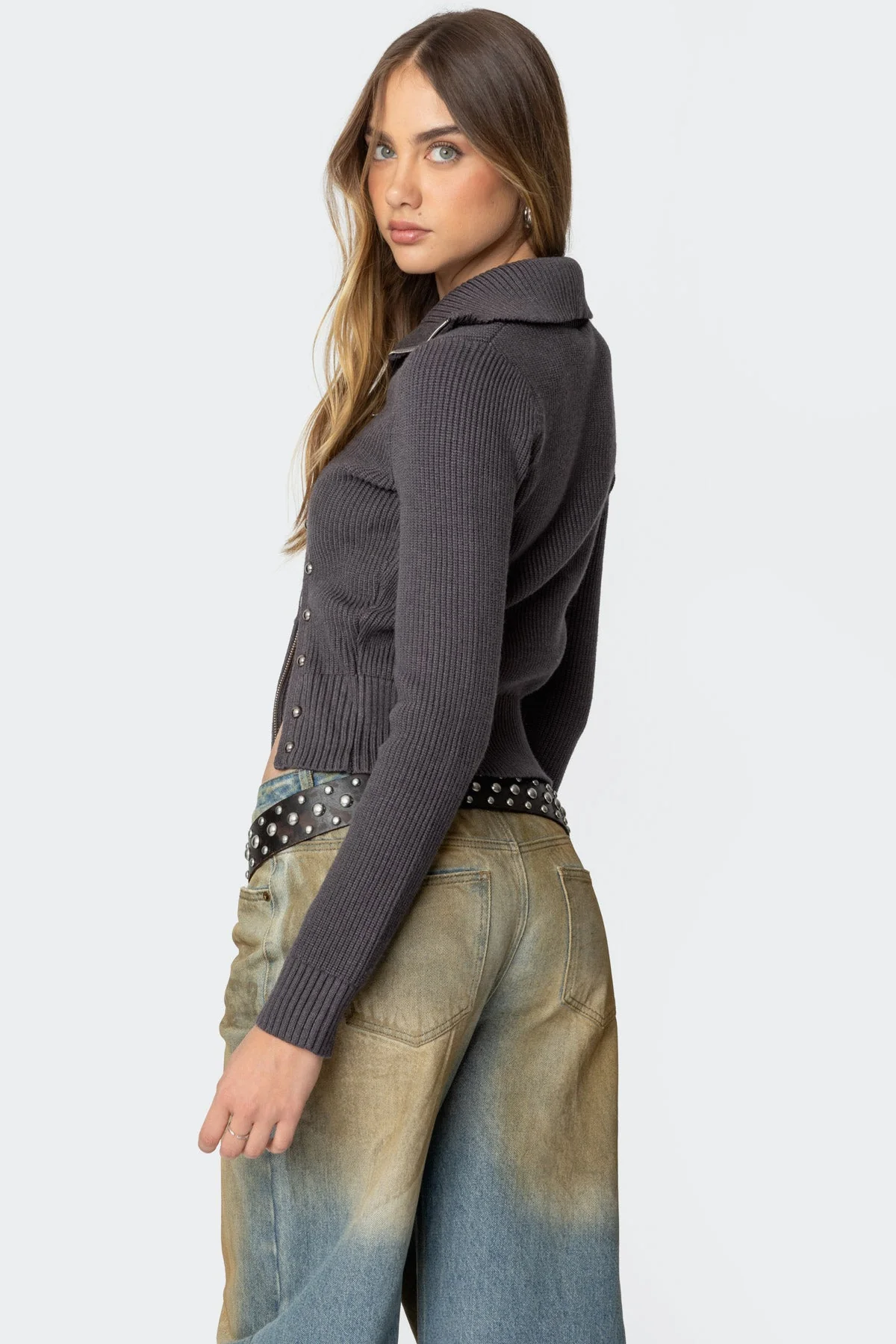 Ribbed Asymmetric Zip Up Cardigan - Image 4