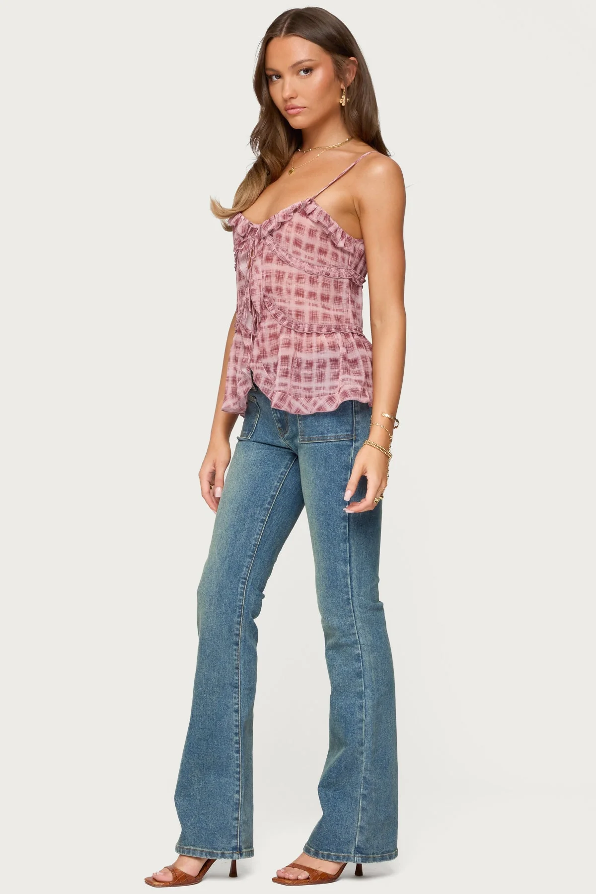 Chiffon Printed Tie Front Ruffle Top - Image 4