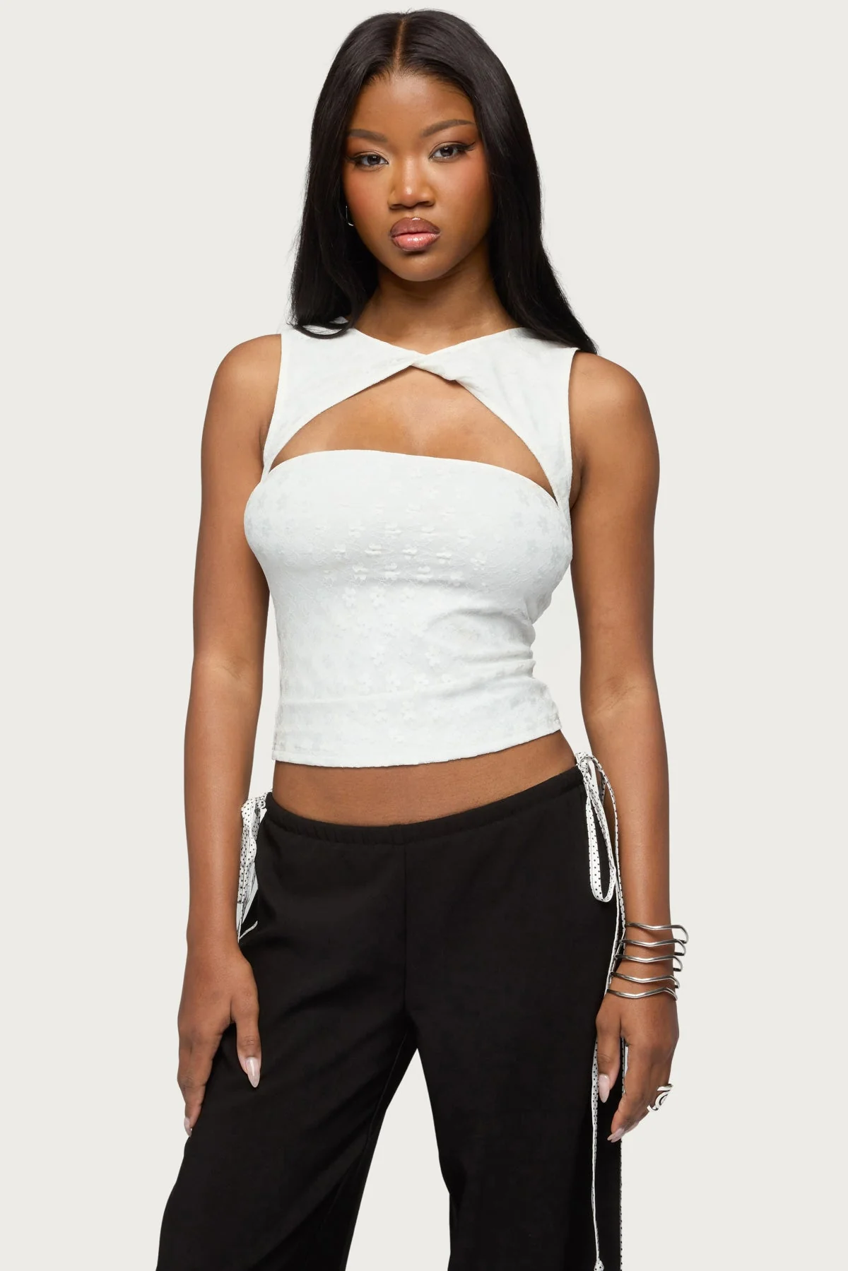 Elisia Twist Cutout Flower Lace Top
