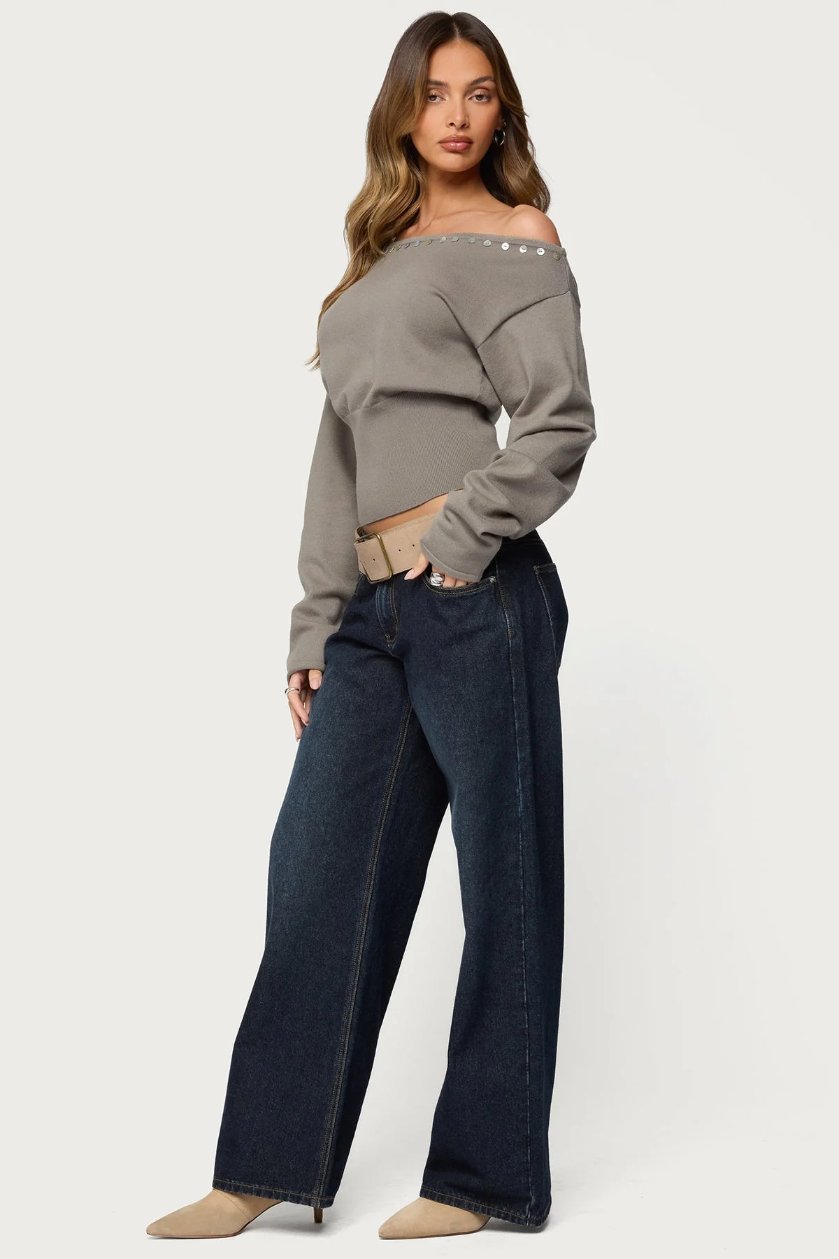 Carmela Iridescent Button Off Shoulder Sweater - Image 4