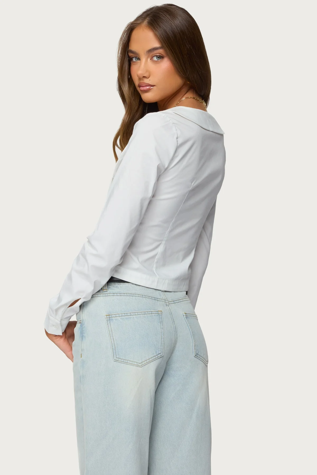 Scoop Neck Tailored Button Up Shirt - Image 3