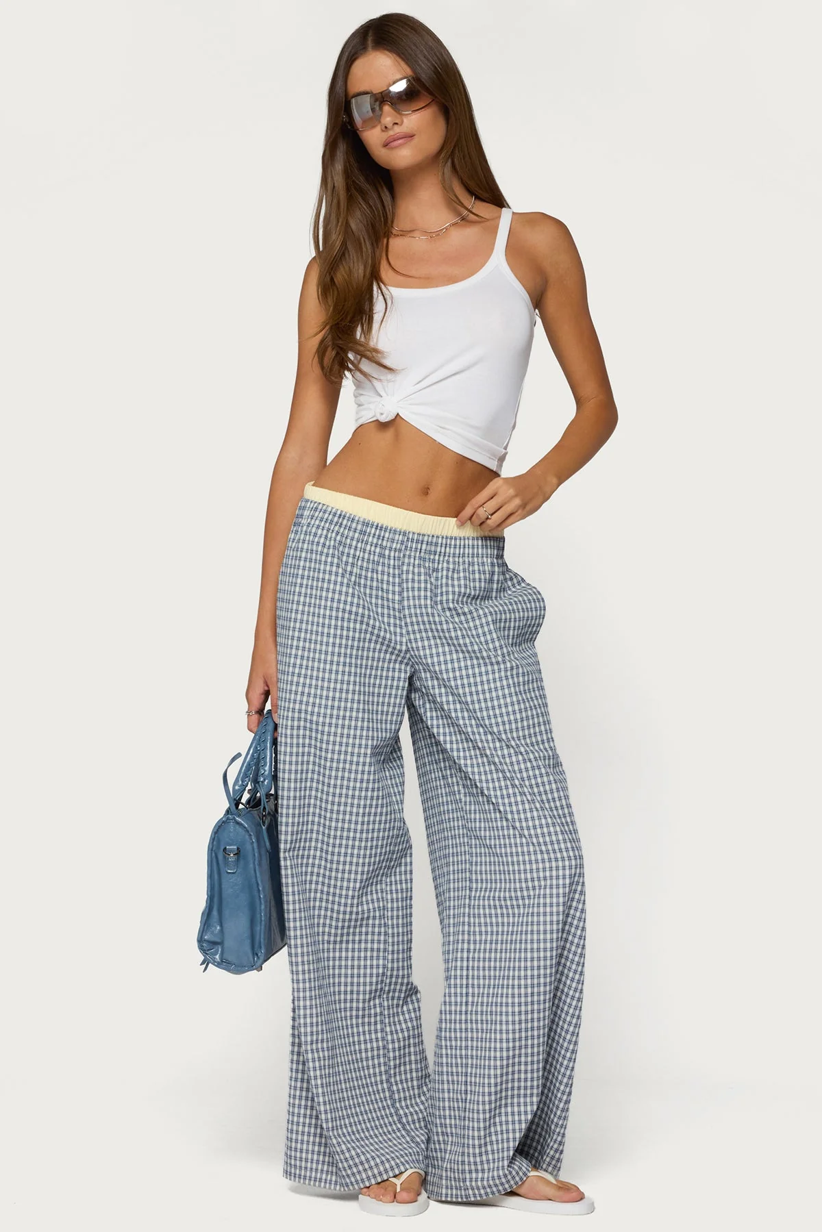 Indya Contrast Plaid Wide Leg Trousers